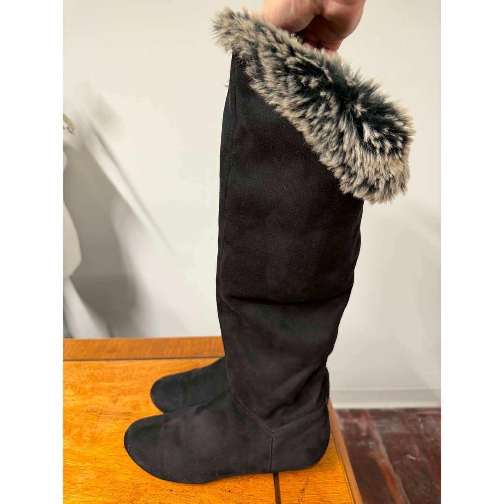 Vtg Report Womens 8 Black Faux Suede Faux Fur Trim Tall Flat Winter Boots cuffed